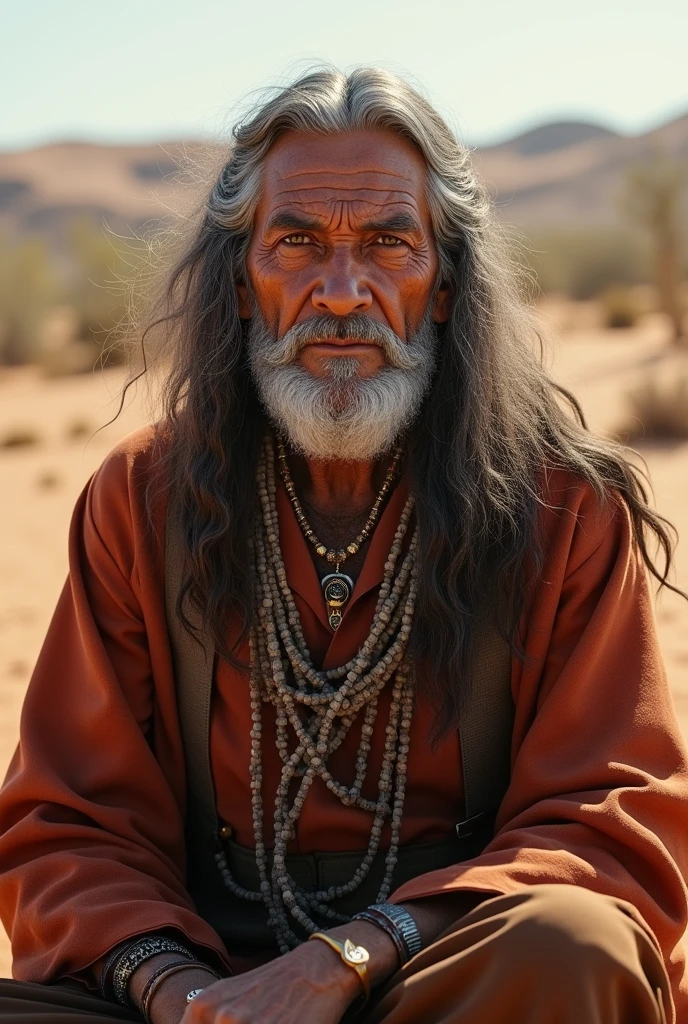 (photorealism:1.2), old native american man, Yaqui, in the desert, long gray hair, relaxed pose, realistic, intricate details