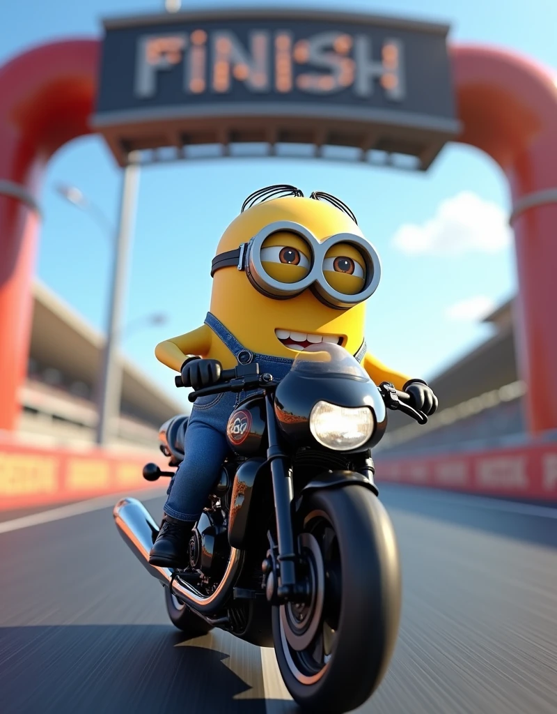 Minion Kevin with black bike,cross the finish line, above is the destination gate 