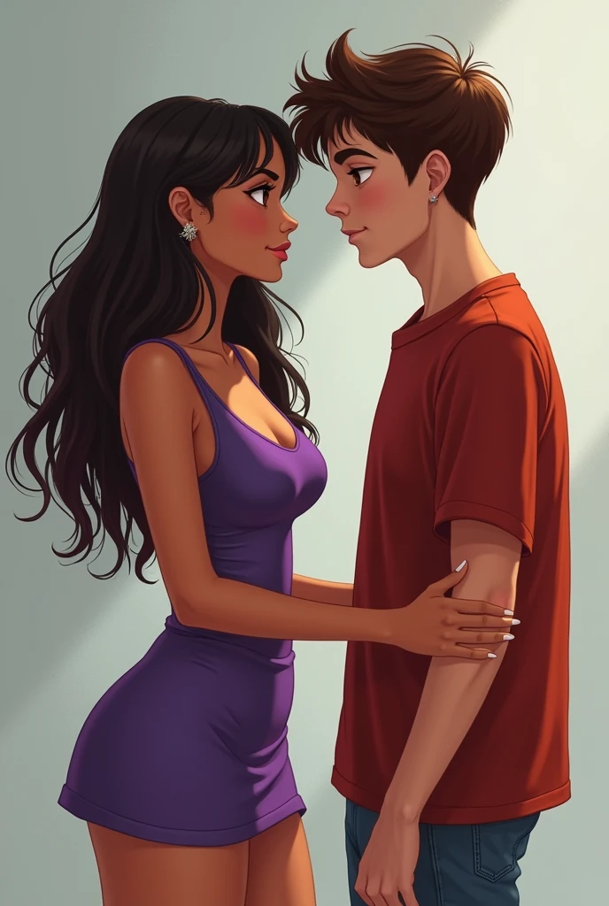 A long wavy hair brunette girl with black eyes latina wearing modern casual purple dress above knee and a brown hair brown eyed white teen looking at each other