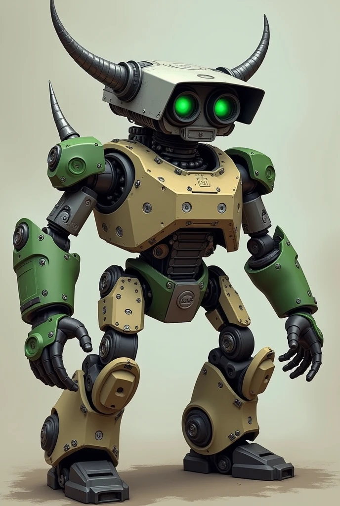 Character inspired by a camera with green and white eyes on a surveillance camera head a metal neck a grayish metallic body mix of green beige metal arms tinted green with black for its arms no mouth two metal horns on its shoulder is a dangerous fighter side