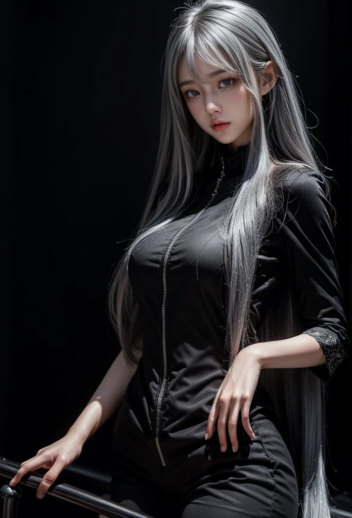 standing,Military Uniforms,pants,black military uniform,whole body,Height: 168cm,almond shape eyes,{{{{{silver eyes}}}}},{{{{{dull bangs}}}}},(slanted eyes},{{whole body},{{{1 girl}}}, long hair, straight hair,{{{{silver hair}}}},{{{tsurime}}},30 years old,{Medium chest},{{bush}},silver eyes,{{{masterpiece}}}, {{{highest quality}}}, {{Super detailed}}, {shape}, {{very delicate and beautiful}},very detailed,detailed perfect,detailed hyper,Abundant thighs,big ass,black clothes