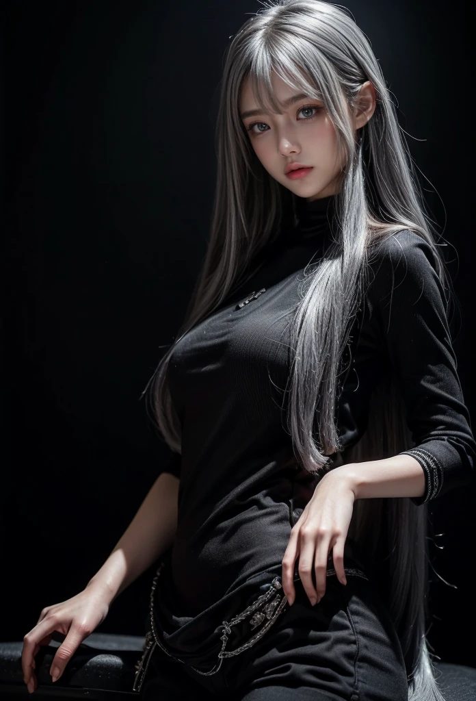 standing,Military Uniforms,pants,black military uniform,whole body,Height: 168cm,almond shape eyes,{{{{{silver eyes}}}}},{{{{{dull bangs}}}}},(slanted eyes},{{whole body},{{{1 girl}}}, long hair, straight hair,{{{{silver hair}}}},{{{tsurime}}},30 years old,{Medium chest},{{bush}},silver eyes,{{{masterpiece}}}, {{{highest quality}}}, {{Super detailed}}, {shape}, {{very delicate and beautiful}},very detailed,detailed perfect,detailed hyper,Abundant thighs,big ass,black clothes