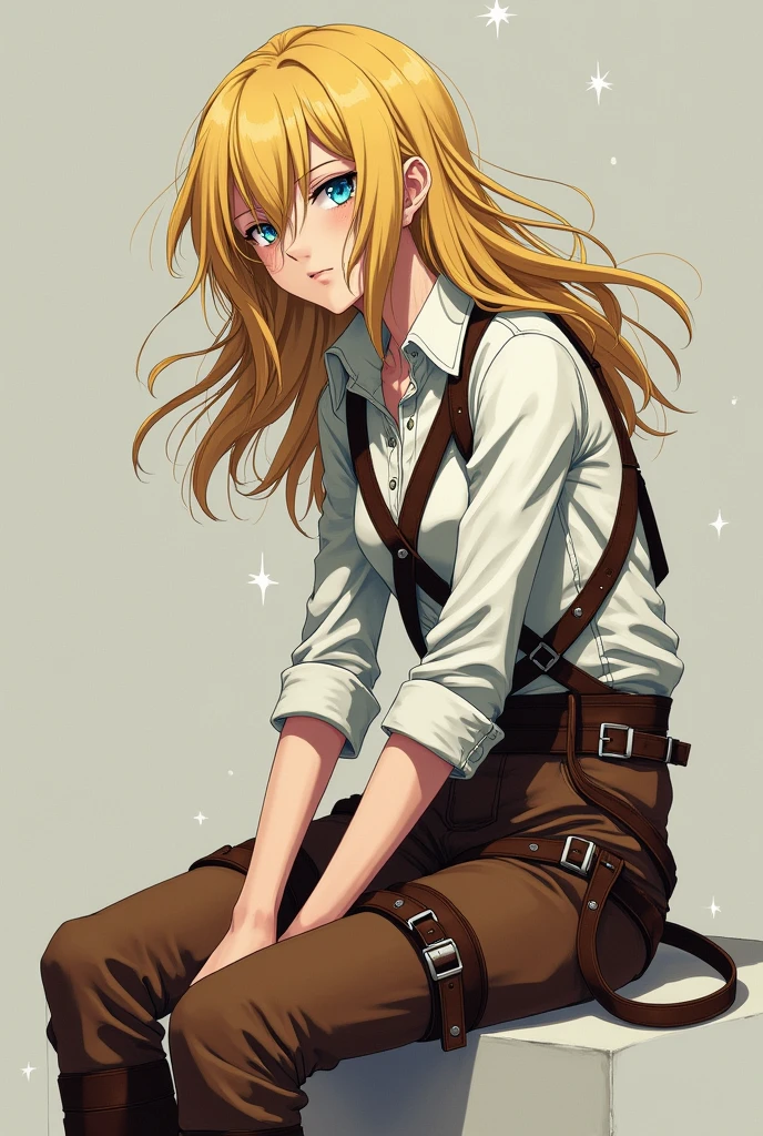 Otto style, Attack on Titan,, , Christa Lenz,, 1 Girl, belt, belt Buckle up, Blonde Hair, blue eyes, 棕色shoe类, brown Pants, Buckle up, chest belt, collared shirt, diamond (shape), Flowing hair, from the side, whole body, Gray background, Hair between the eyes, Hands on thighs, Long hair, Long sleeve, Looking ahead, own hands, Pants, Open your mouth, shirt, shoe, sit, Solitary, spark, Star (Symbolism), Thigh straps, white shirt, , , ((masterpiece)), best quality, , 