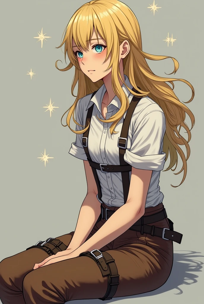 Otto style, Attack on Titan,, , Christa Lenz,, 1 Girl, belt, belt Buckle up, Blonde Hair, blue eyes, 棕色shoe类, brown Pants, Buckle up, chest belt, collared shirt, diamond (shape), Flowing hair, from the side, whole body, Gray background, Hair between the eyes, Hands on thighs, Long hair, Long sleeve, Looking ahead, own hands, Pants, Open your mouth, shirt, shoe, sit, Solitary, spark, Star (Symbolism), Thigh straps, white shirt, , , ((masterpiece)), best quality, , 