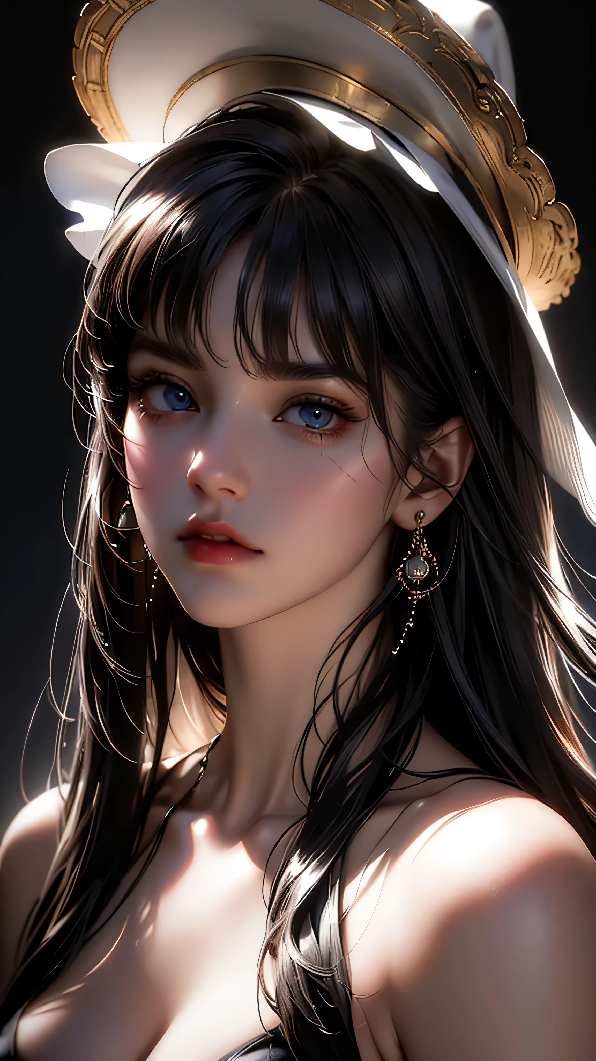 masterpiece, best quality, RAW photos, high resolution, hyper-detailing, Focus on the face, looking at viewer, Detailed eyebrows, realistic beautiful eyes, realistic glossy skin, straight Bangs, realistic movie lighting, detail shaded, high contrast, Slender, big boob, Big breasts, Exposed cleavage, nsfw, Sexy face, Facial expressions when receiving pleasure, ((Dark background)),