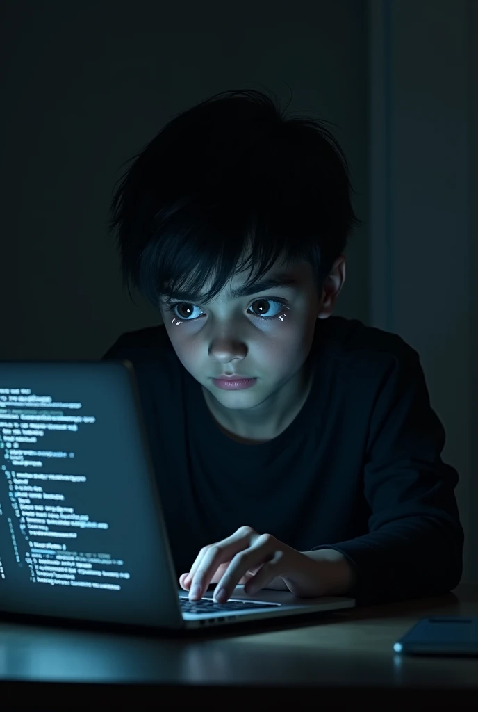 Sadness crying face dark eyes hacker with laptop boy