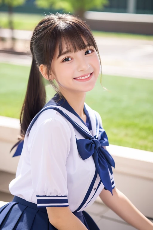 (((Highest quality))) ((masterpiece)) ((Real beautiful girl)) 1 beautiful girl (Cute face) clear (()) Appearance like an idol ((School uniforms)) (mini skirt) Short sleeve blouse School classroom ponytail Creating Bangs smile