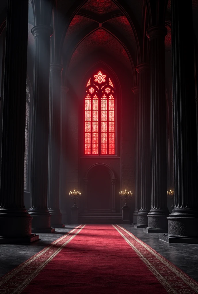Can you create a huge Royal hall, very wide, with gothic style windows with black curtains, with completely black walls and black furniture in French medieval style, black carpet all the floor, completly black upholstery, with the entry of a very intense red sunlight through the almost opaque deep red stained glass windows?