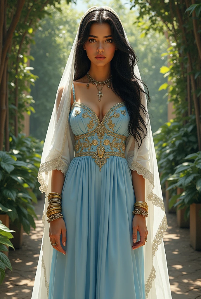 Front view , ((Full-body, standing on garden), a Persian ancient girl, looking at viewer, Persian girl is 20 years old, (Highly detailed face, Black hair ,long hair, Brown eye, Her eyes were outlined with kohl, accentuating their size and depth , serious), (big breasts, wide hip), (She wore a knee-length light blue gown adorned with intricate embroidery, complemented by gold bangles and necklaces. A second, longer shawl covered her head and shoulders, framing her face like a white see-through veil)(Pointillism, Impressionism, anatomically correct)