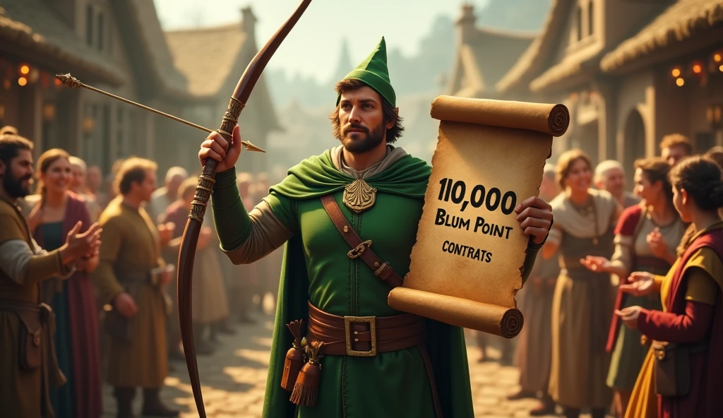 Robin hood on village holding  text 1.000.000 Blum Point congrats on the board in hand showing to the cameraand behind people dancing and feast
