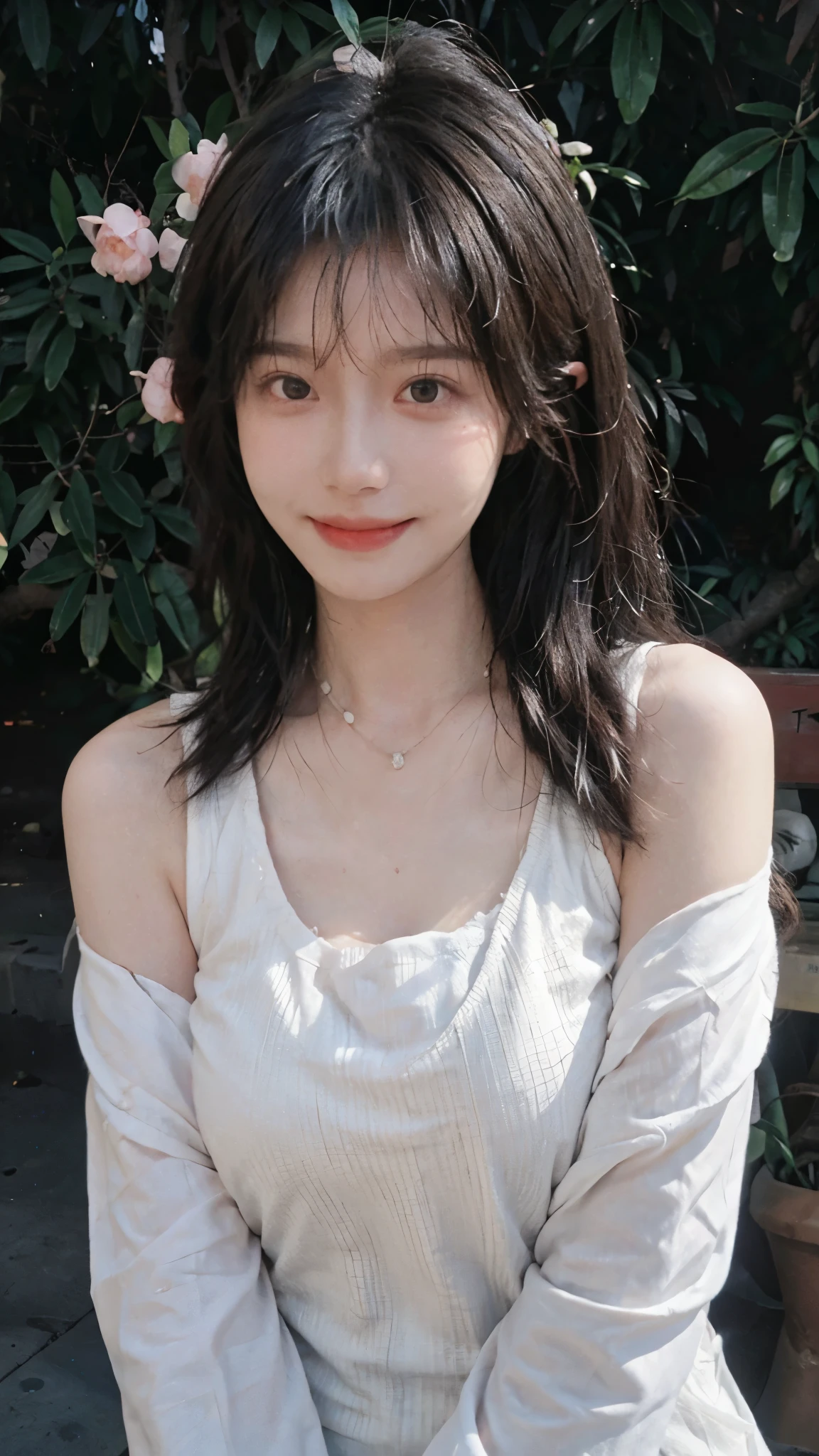 best qualtiy， Ultra-high resolution， （realisticlying：1.4），cute hairpin，Baoyu Girl，European style apartment，（flatchest：1.2） ，A pair of clear and moving peach blossom eyes,Royal Sister，sunshine on face，Big waves，（ln the forest：1.4），（choker necklace：1.2），（Fair skin：1.4），a sense of atmosphere，a beauty girl， ssmile，head straight-looking at viewer， closeup cleavage ，(Photorealistic:1.4),1girll,sexly,(Upper body:1.4),(Wet body),(:1.2)