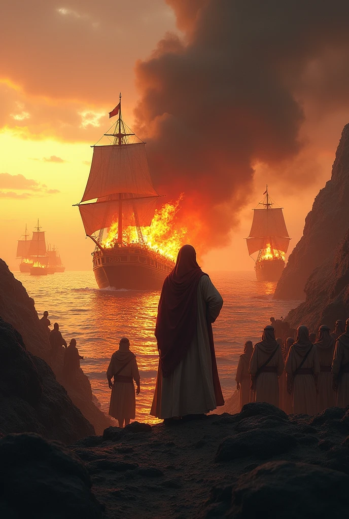 The moment the first ship is set on fire, with flames just beginning to catch on the sails, while Tariq ibn Ziyad watches from the shore with his troops behind him."