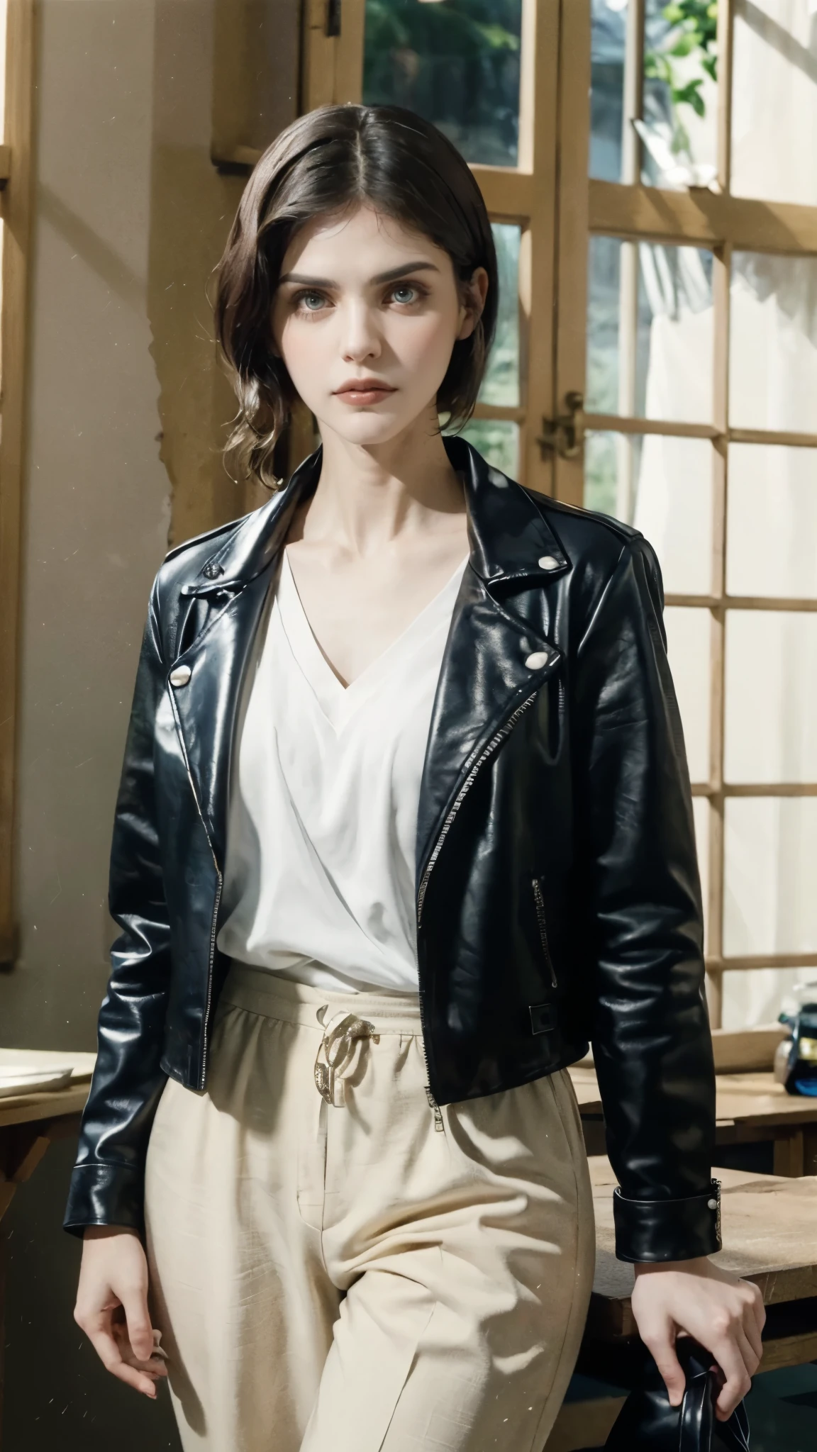 (masterpiece:1.2, best quality:1.2, extremely delicate:1.2), ((Alexandra Daddario:1.15)), a young women with dark blue short hair, long bangs covering half of his face, sharp eyes, an expression of discontent, a fantasy-realistic style leather jacket over a dark undershirt, trousers that matching the outfit, this character embodies a finely crafted fantasy-realistic Rider, exquisite photography, Photo realism, photorealistic, goddess, pale skin, perfect skin, textured skin, detailed skin, porcelain skin, dramatic, high definition, highres, ultra-detailed, ultra-fine painting, professional, perfect body proportions, golden ratio, anatomically correct, symmetrical face, perfect eyes, extremely detailed eyes and face, high quality eyes, creativity, RAW photo, UHD, 32k, Natural light, cinematic lighting, (masterpiece-anatomy-perfect:1.2)