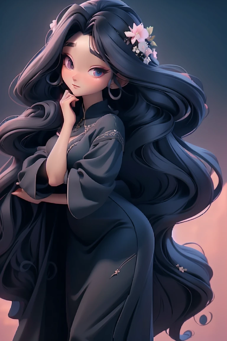 (best quality,4k,8k,highres,masterpiece:1.2),ultra-detailed girl anime character, very long black hair, mythology, traditional mythology dress, gorgeous hair accesories, gorgeous dress,high detailed, pastel color mood and tone background.
