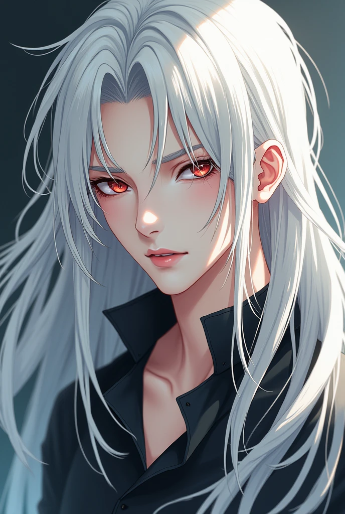 anime style boy, long white hair, pale skin sharp teeth quite handsome