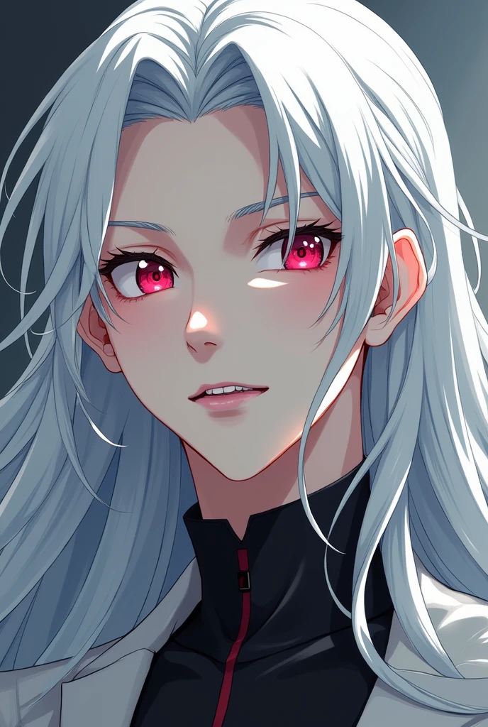 anime style boy, long white hair, pale skin sharp teeth quite handsome 