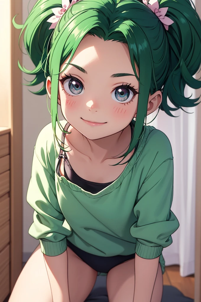 vCreate an image of a version of a female Izuku Midoriya, depicted as a cute and confident underwear model. She has large, perfect eyes with the most detailed eyes, radiating innocence and determination. Her hair is soft and green, with every strand perfectly detailed, slightly tousled in a playful and natural way. She is wearing a simple, age-appropriate underwear set, with soft pastel colors and gentle fabric, designed to be both cute and comfortable. Her pose is innocent yet confident, with a shy smile on her face, reflecting her youthful charm. The background is light and minimal, drawing all focus to her. The image is in 8k quality, with perfect details, the highest quality—best image ever, perfect image.