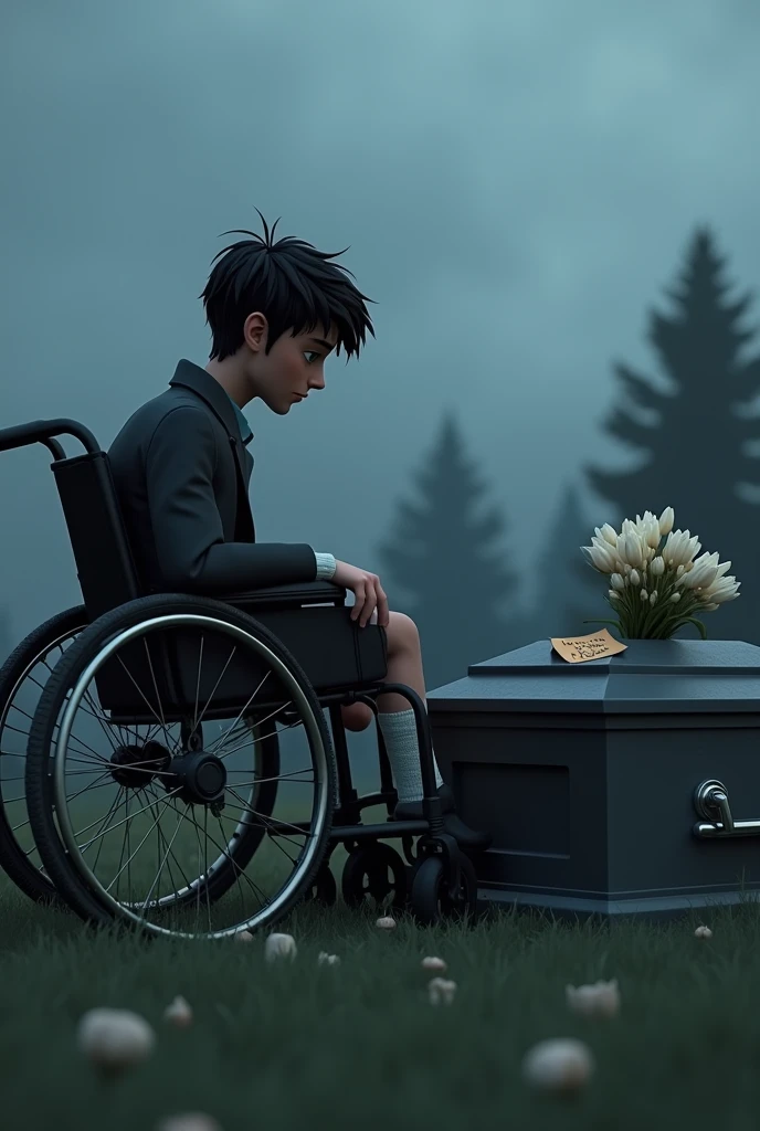 Julian Lexloy, sitting in his wheelchair, stands alone in front of Ruby&#39;s coffin in a cemetery under a gray sky. Her black hair is messy, and her blue eyes are red with tears. He wears a sombre costume, et son pied, still bandaged, repose sur le repose-pied du fauteuil. His face is marked by deep pain and intense sadness.. In tears, he places a bouquet of white flowers on the coffin, the attached note saying "To the girl I love".  Version Disney pixar 3d