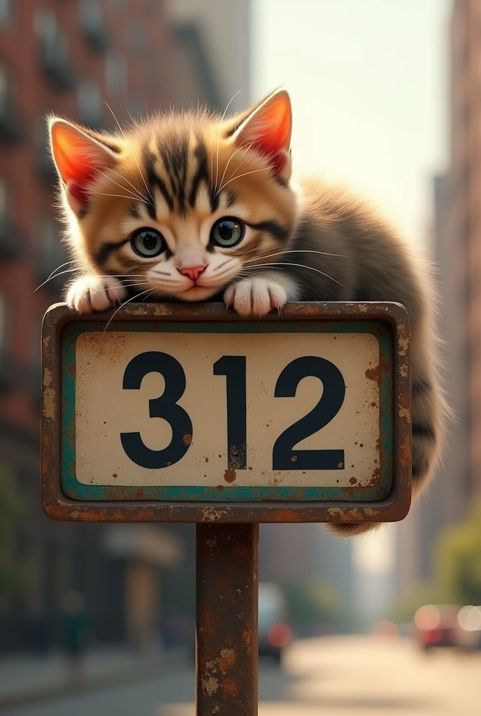 A kitten is lying on a sign that says 312