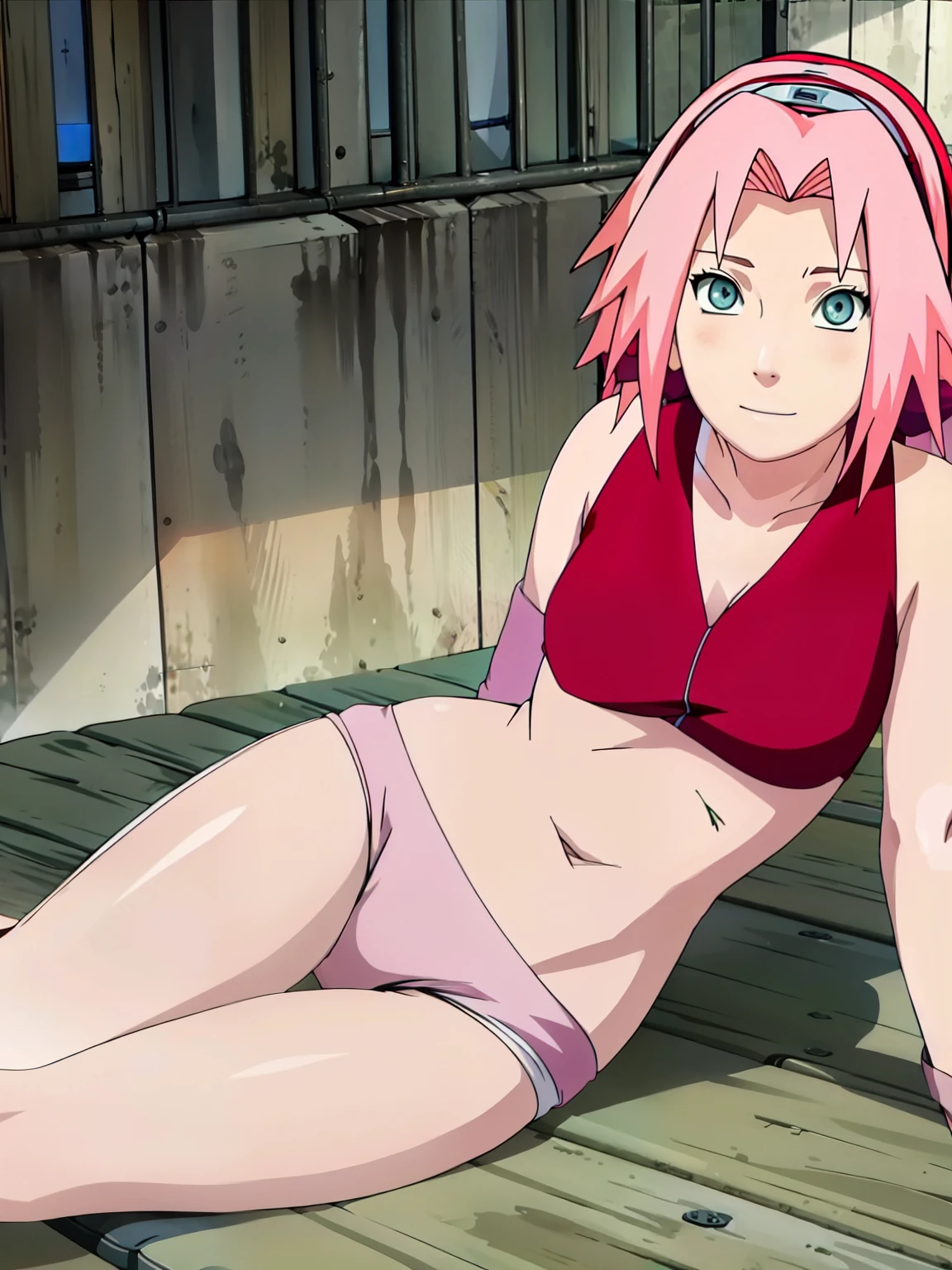 Sakura showing off her beautiful feminine body lying on a bed, bra and panties visible