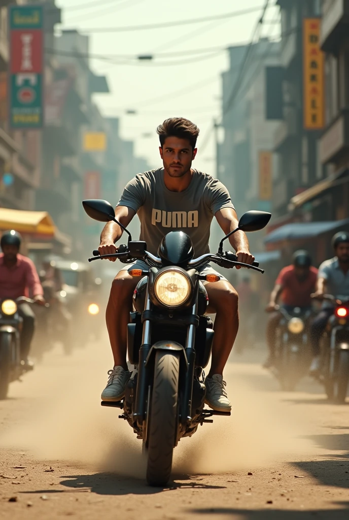 A men driving bike on Mumbai dusty road wearing puma clothes 