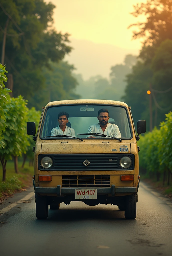 photo realistic, cinematic film poster of a middle class father driving an old maruti Van with his son, along the Kalimpong outskirt, son in karate dress, Darjeeling vines, evening, front face of father and son, no beard