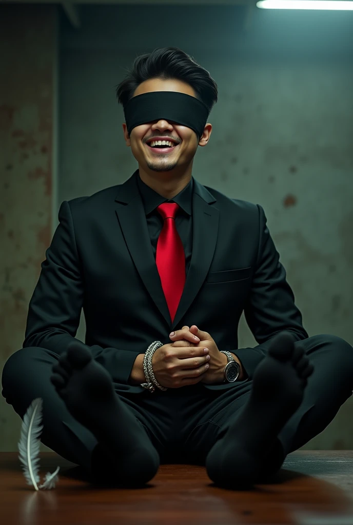 Malaysia malay handsome 21 years celebrity
His hand tied up  in warehouse 
Blindfolded
Black Suit and Red tie
feet on desk
feather
shoes on desk 
5 toes each feet 
Black sock
Smock effect smelly sock
Tickle feet
He laugh very hard