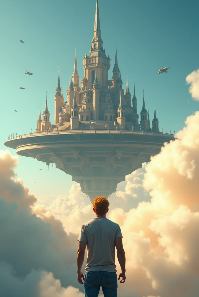 A cinematic medium shot of a athletic 46yr old man with strawberry-blonde hair wearing a t-shirt and jeans. Strong cinematic posture, back to the camera. He is standing knee-deep in clouds, between fluffy sunset clouds and looking at a magnificent fantasy city with intricate details. The city is floating in the air above the clouds, with small cylindrical objects flying around it. The background is a clear blue sky. The city has a heptagonal shape, with corner towers connected to the central part by galleries and passages. The city's design is gothick, strict yet graceful, combining futuristic and traditional architectural elements. It soars high in the sky in the air far away. The city has a fantasy look with a futuristic twist, and the flying towers serve as defense structures.
Hight contrast and ultra-detailed, ultrarealistic, 8k, HDR