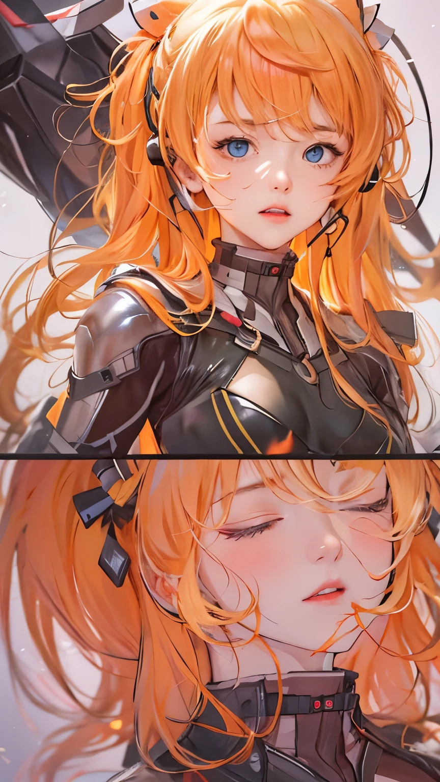 Souryuaska Langley、solo、Translucent plug suit orange、Upper Body、Close up on face、Ultra Close-Up、Slender girl、Moderate bust、