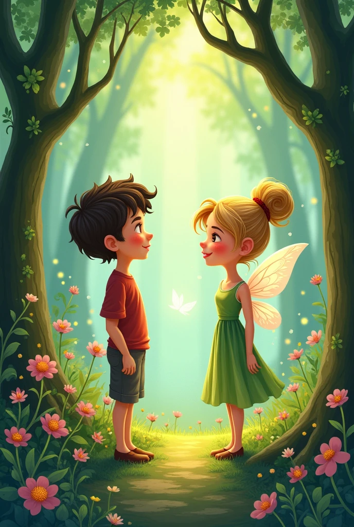 Touched by his sincerity, fairy lady  forgave Tom and slowly, the forest’s colors returned. From that day on, Tom learned the importance of respecting nature and keeping his promises. He became a protector of the forest, ensuring its magic would never fade again.cartoon image
