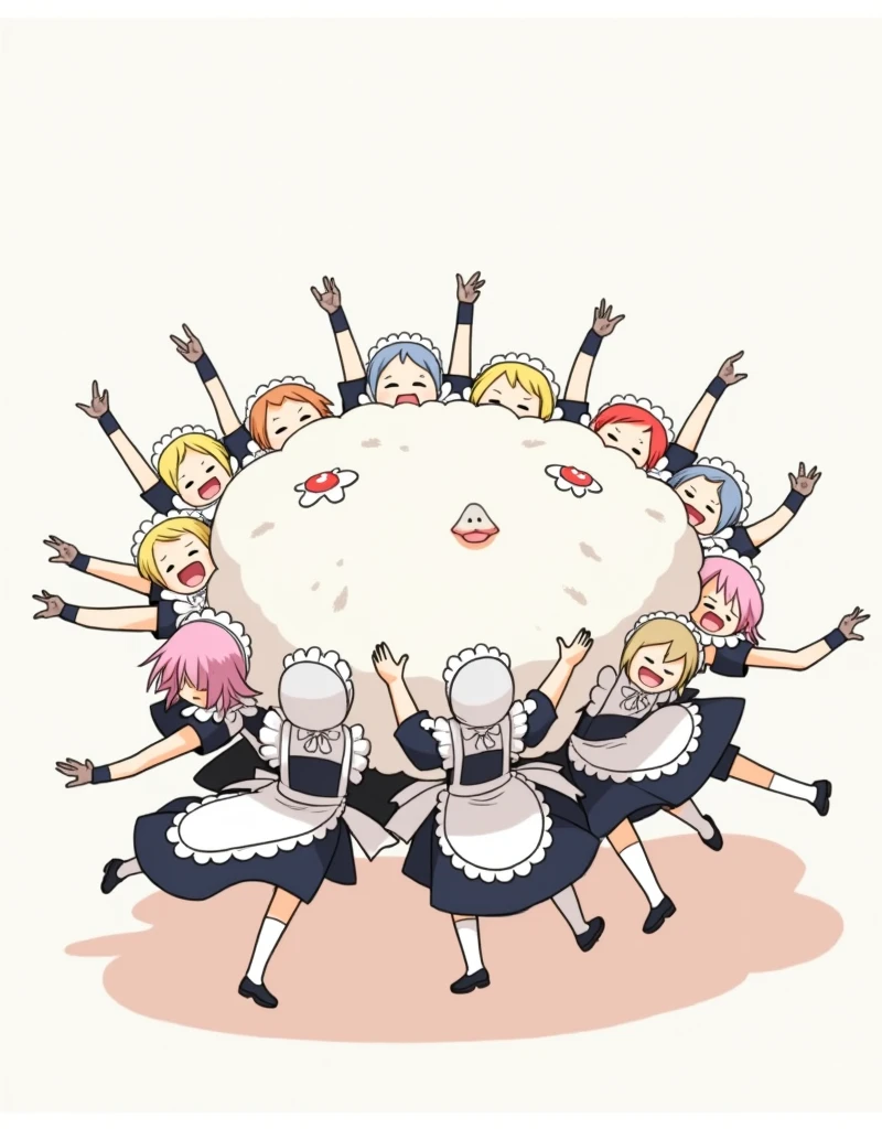 An anime-style illustration depicting hundreds   
of maids playfully wrestling with each other,
each maid has different  colored hair.
their faces,hands,and feet are visible emerging from the cloud as they tussle humorously,  with the rest of their bodies completely hidden inside the cloud.
the illustration emphasizes the humorous and energetic nature of their scuffle,with a fluffy  and exaggerated fight cloud.