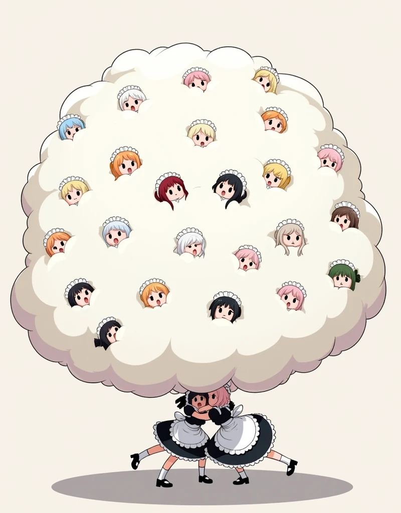 An anime-style illustration depicting hundreds
of maids playfully wrestling with each other,
each maid has different colored hair.
their faces,hands,and feet are visible emerging from the cloud as they tussle humorously, with the rest of their bodies completely hidden inside the cloud.
the illustration emphasizes the humorous and energetic nature of their scuffle,with a fluffy and exaggerated fight cloud.