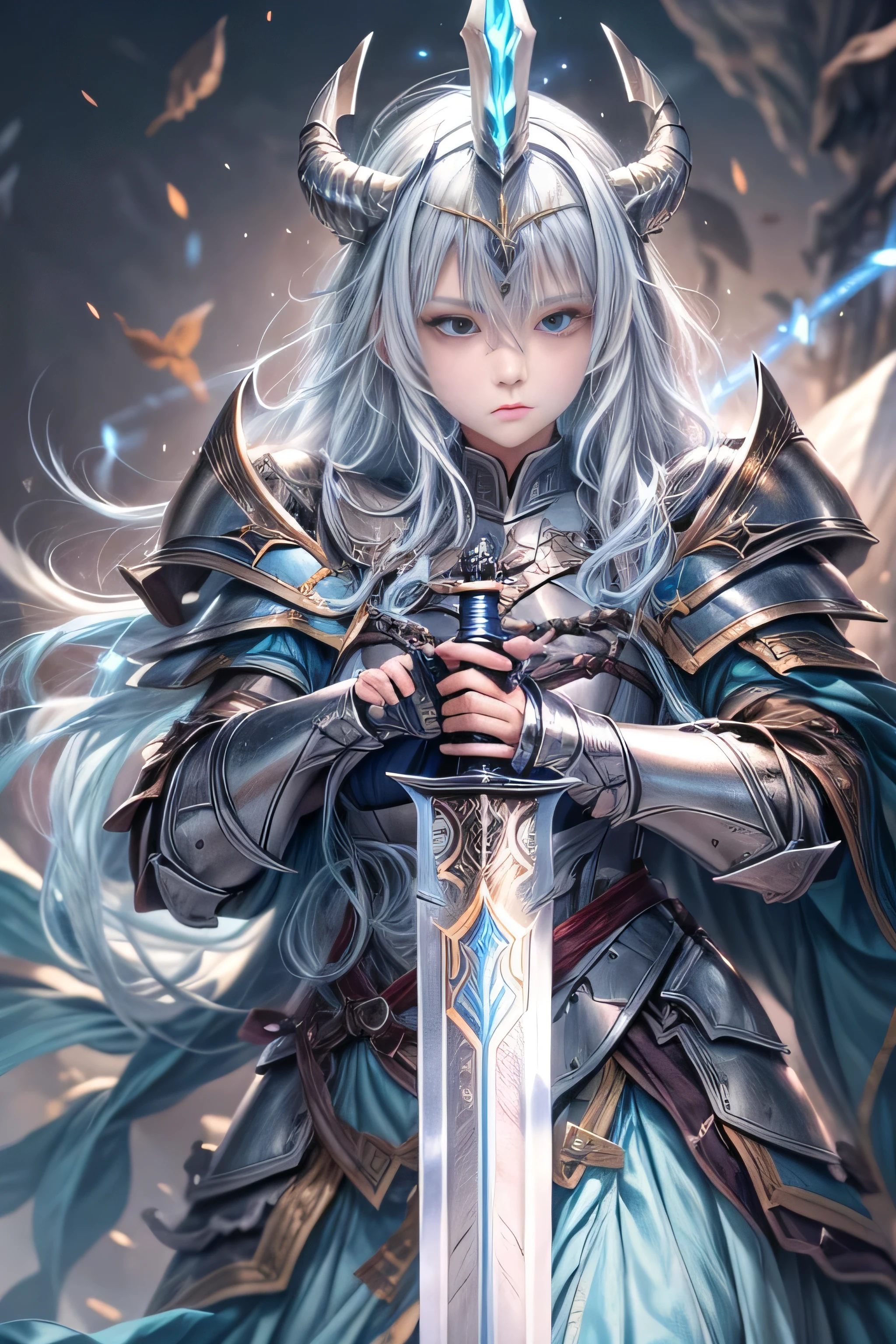 A female knight recognized by the legendary holy sword Excalibur、With the protection of the spirit of light, it emits an aura of light.、8k.Half Russian and half Japanese、Russian face、beautiful girl、A princess with the title of Dragon Slayer、、Small face、Young face、Big eyes、Skinny、Small breasts、(((Silver Hair、Silver Hair)))、With bangs、(((High resolution big beautiful light blue glowing eyes, )))、Shortcuts、Bobcut、(((Red ribbon in hair、Floral decoration)))、Partially braided、Transforms into an armored knight at the call of the holy sword Excalibur.、Large sword、A holy sword that emits a pale blue light、((god々He holds up his sword, shining a deep blue, to the sky.))、god々A sword that shines brilliantly、Magic Sword Light Shield、Armor of Light、fantasy landscape、Fantasy、(Battle with the Dark Knight、Fighting the Demons、Fighting the beastmen)A dragon knight riding a flying dragon through the sky、The sword swings down, leaving a trail of light in its wake.