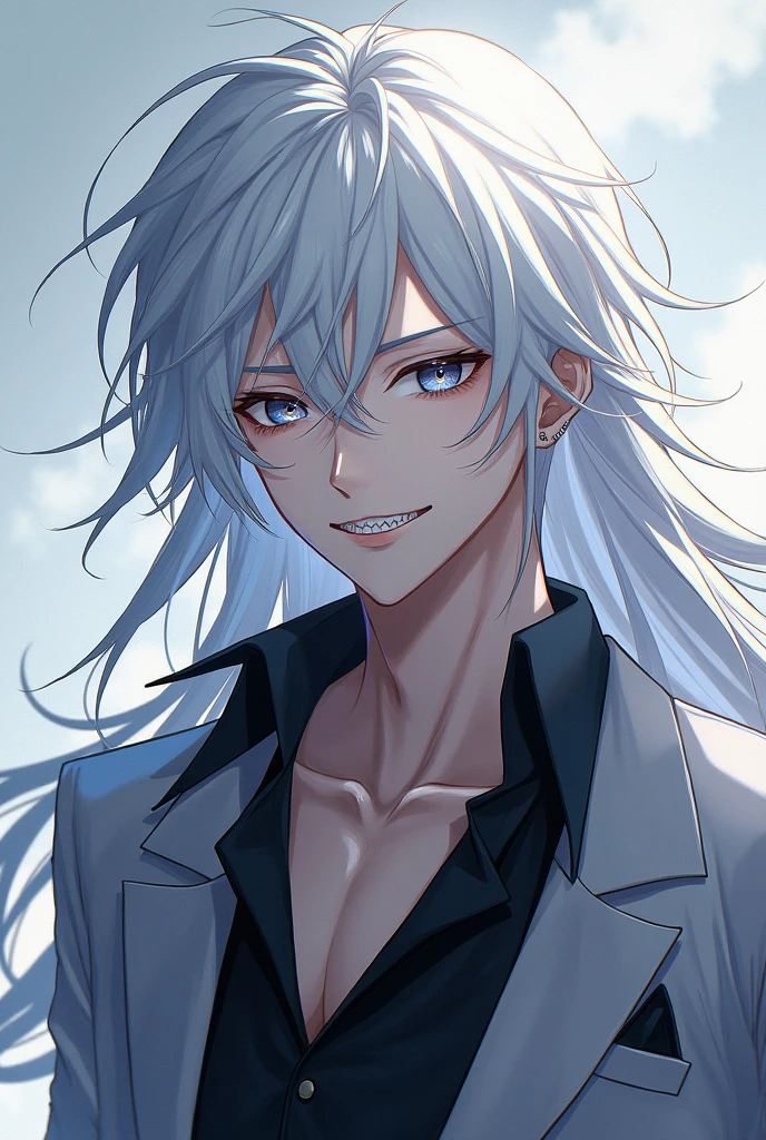 anime style boy, long white hair, pale skin sharp teeth quite handsome and masculine