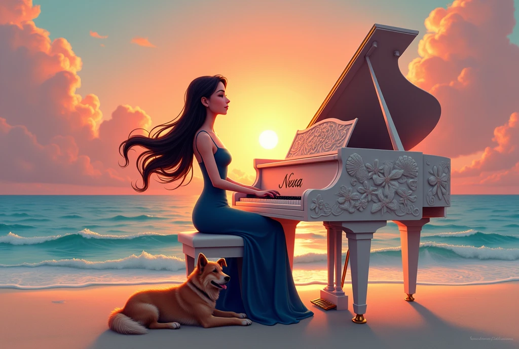 "A warm, fantasy cartoon-style scene featuring a graceful woman playing the piano on a tranquil beach at sunset. The woman, with long, flowing hair moving gently in the ocean breeze, wears an elegant, navy blue dress that drapes beautifully. The piano she plays is a beautifully crafted, ornate instrument with intricate designs inspired by seashells and starfish. The name 'Nura' is elegantly engraved on the front of the piano in a flowing, stylish script. Beside her, a loyal and fluffy dog rests peacefully, gazing at her with affection. The sky, awash with hues of pink, orange, and purple as the sun sets, casts a warm, golden light over the scene, creating an atmosphere of calm and enchantment."