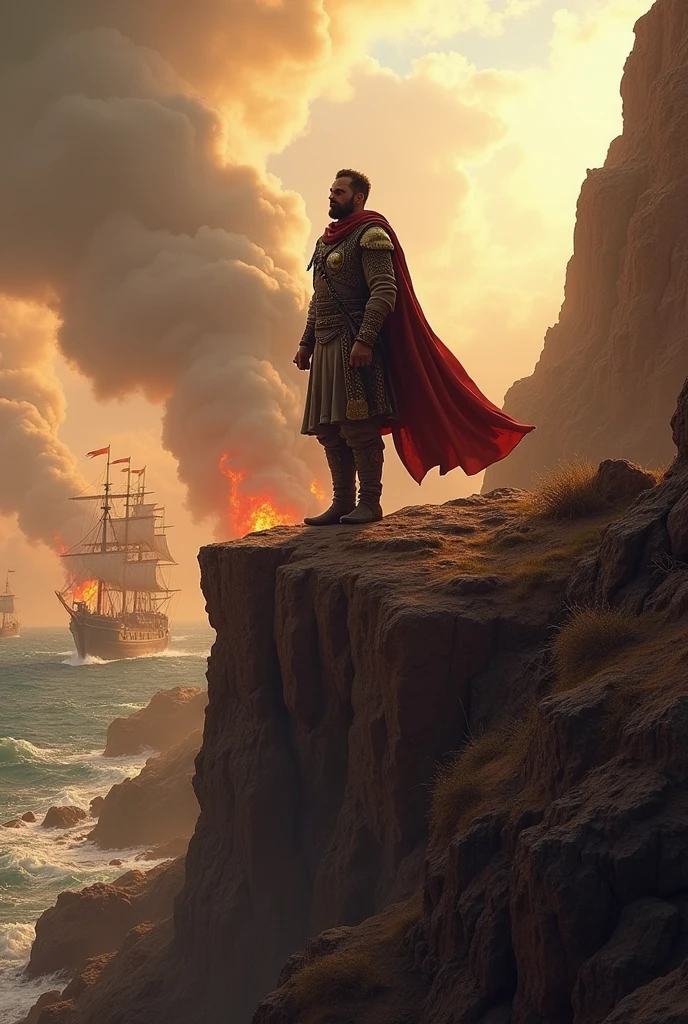 Tariq ibn Ziyad standing tall on a cliff, overseeing the burning fleet below, with his army gathered around him, ready for the battle ahead."