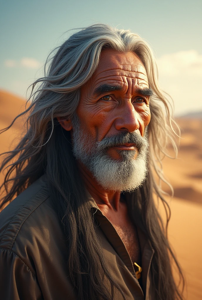 (photorealism:1.2), old native american man, Yaqui, in the desert, long gray hair, without beard, glowing aura, relaxed pose, realistic, intricate details