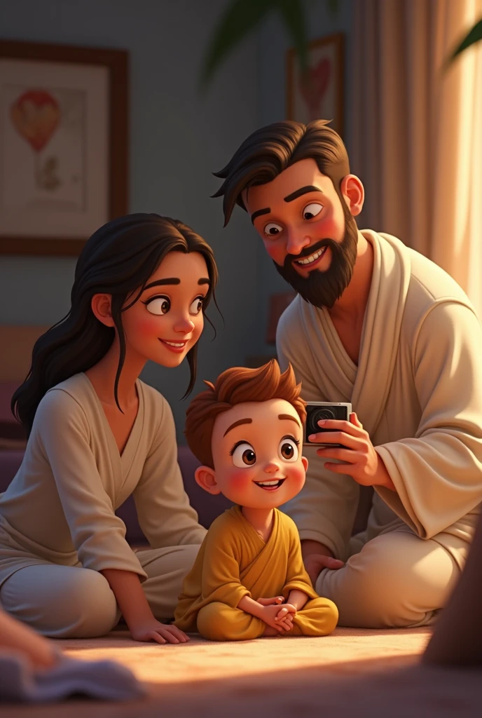 A child sitting smiling, a woman taking a picture of this child also smiling in front of this child and a man in a robe behind this woman smiling