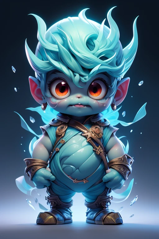 Create a monster image, a small, big-headed, baby monster.. The body is transparent and can be seen through. The image is sharp and detailed., with beautiful colors.. With arms, leg, eyes, mouth, พื้นหลังสีlegว