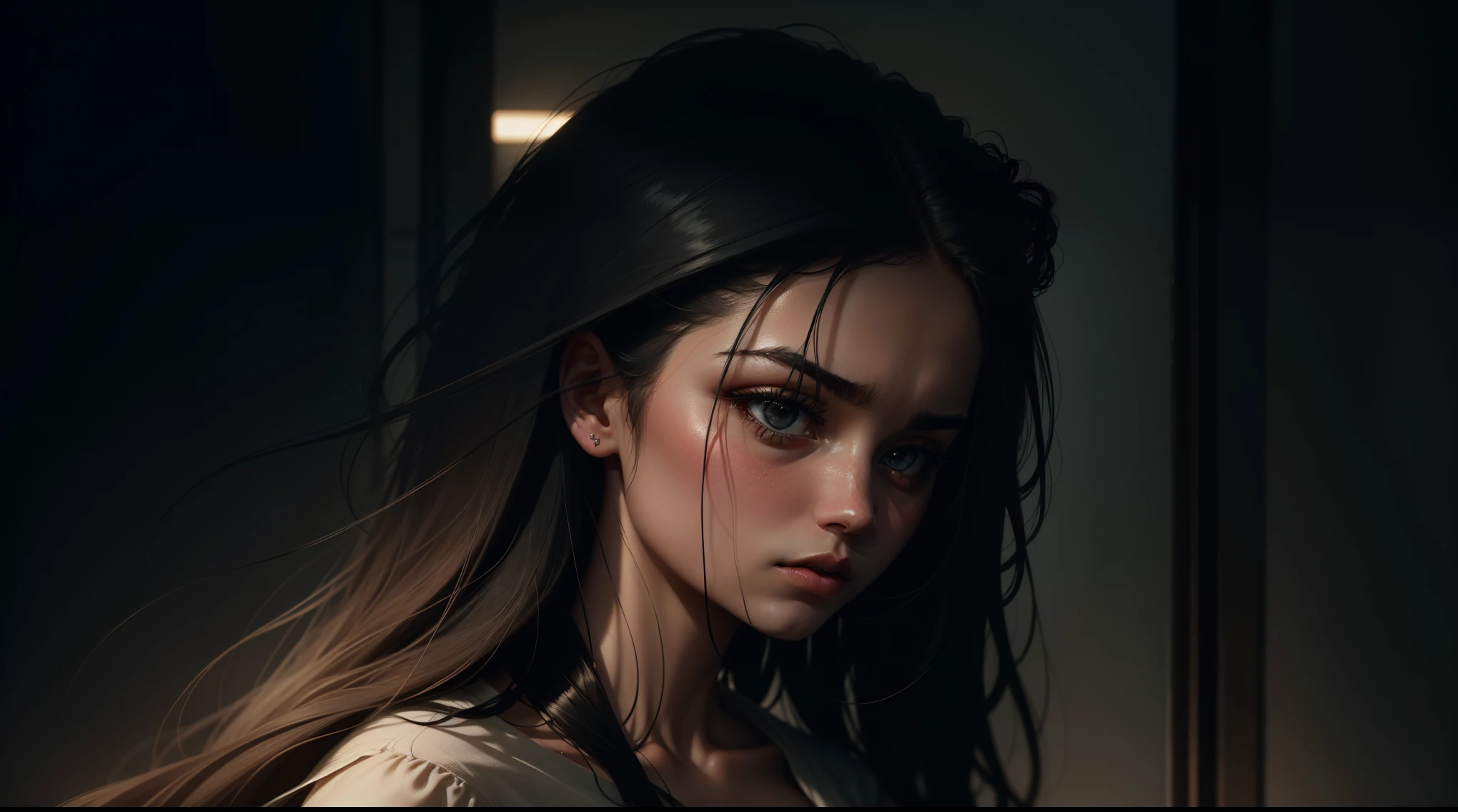 The tension is palpable, every hair of her hair distinguishable in the gloomy lighting..