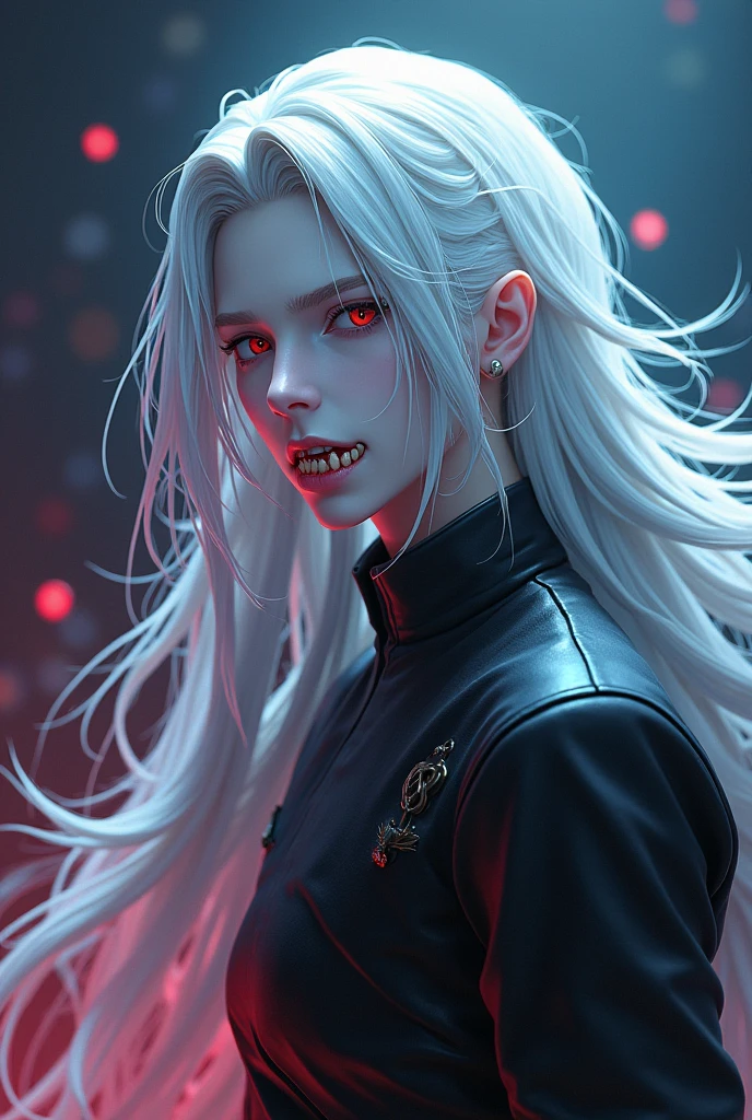 1 anime character, long white hair, sharp teeth, pale skin, strikingly handsome, detailed facial features, expressive eyes, sharp jawline, confident pose, dramatic lighting, cinematic framing, vibrant colors, digital painting, 8k, high quality, realistic
