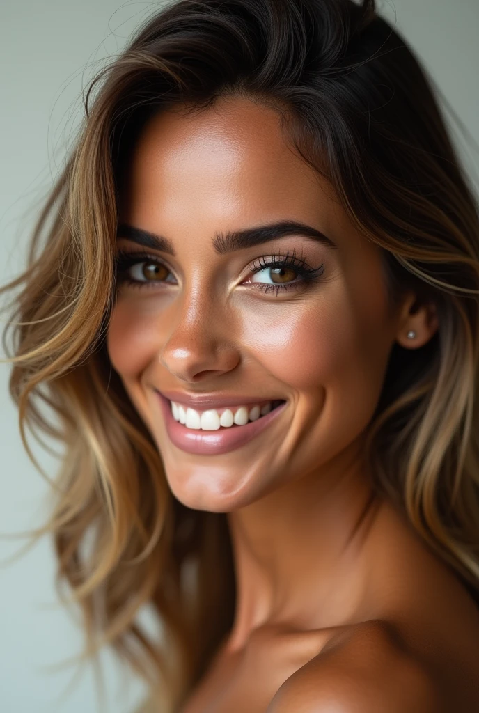 A Brazilian Woman's Face:
format: angled, with more defined contours, especially on the cheekbones.
Skinned: Tan tone, with a healthy glow, highlighting well-cared-for skin.
make-up: subtle, highlighting the eyes with neutral shadows and the lips with a soft nude lipstick.
body hair:
Farbe: Dark blonde with lighter highlights, creating an effect of contrast and dimension.
length: average, reaching up to the shoulders.
styled: wavy, with the ends gently curled outwards, creating a natural and voluminous look.
eyeballs:
format: slightly almond-shaped.
Farbe: moreno claro, with Shine.
eyebrows: Thick and well defined, with a gentle arch, complementing the shape of the eyes.
lips:
Farbe: Pink Nude, with a slightly glossy finish.
format: Moderately full, with the upper lip a little thinner than the lower one.
ssmile:
ssmile: Wide and catchy, with white, perfectly aligned teeth.
necklase:
accessory: A delicate thin chain necklace with a small pendant, simple and elegant, resting gently on the lap.
badass clothing:
Farbe: cerulean, as in the previous image.
styled: thin strap blouse, with a neckline in "in" Moderate, enhancing the look in an elegant and discreet way.
fund:
enviroment: hinterland, with light walls that do not distract attention from the person's face and expression.