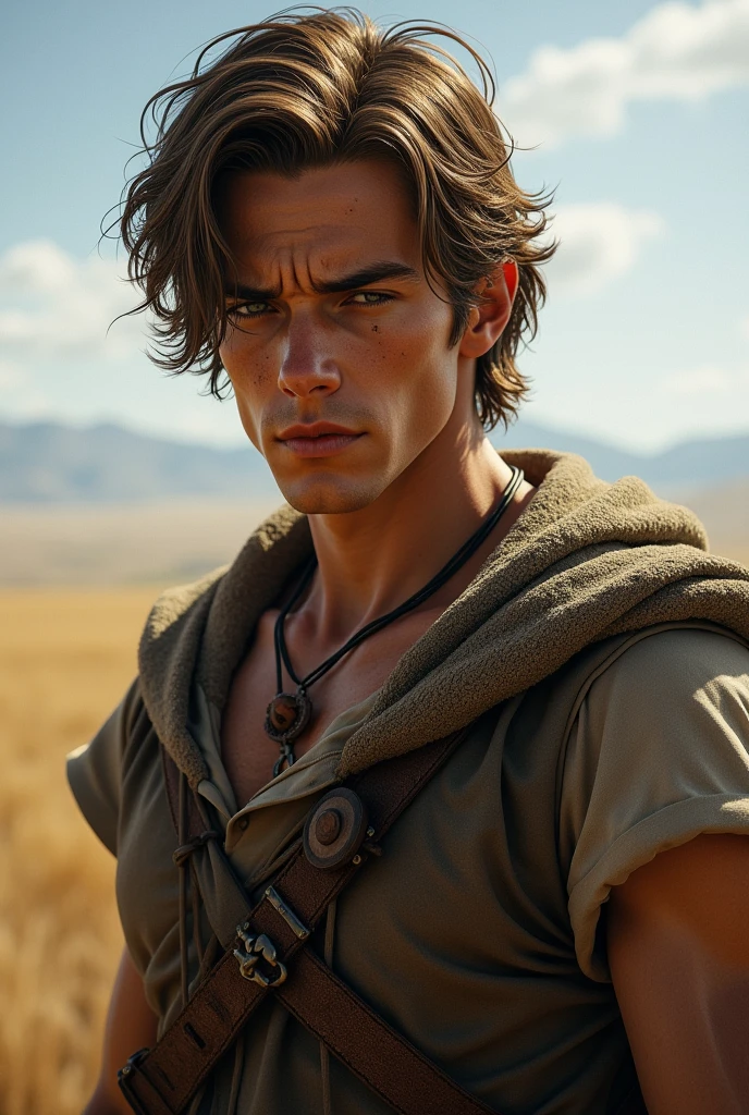Young white man, thin angry, strong jawline, serious expression, wavy hair medium length light brown color, gray eyes, very strong body, sweat, medieval clothing, white shirt with sleeves, small wooden amulet around the neck, strong forearms, in the background prairie.