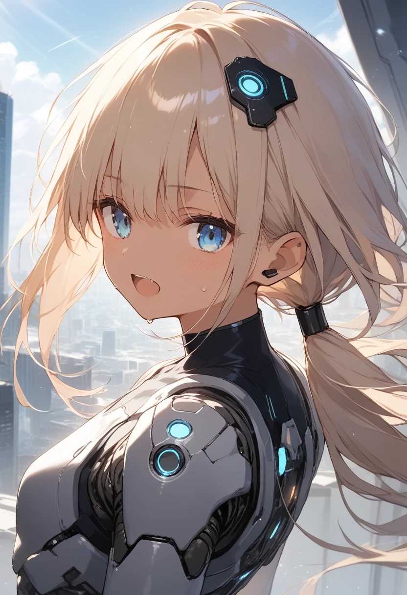 score_9, score_8_up, score_7_up, source_anime, best quality, masterpiece, official art, absurdres, highres, ultra-detailed,waifu2x,Collection: Slice of Life,break,1girl, cyborg girl, briliant azure eyes, crop top cyborg armor, futuristic headset, futuristic tech, mindcontrol device installed on head, yes covered with tech, tomboy, tanned-skinned female, short hair, low ponytail, flat chest, beautiful detailed eyes, sweat, open mouth, (yawn:0.3), sleepily, standing, futuristic city, wind, break, from bellow, (clear line illustration:1.2),very high resolution, very aesthetic, super detailed skin, Best sexual lighting powered by famous artist, 8k,cute picture,beauty illustration,photoshop_(medium),,(Detailed Lighting),best anime 8k konachan wallpaper, pixiv contest winner,