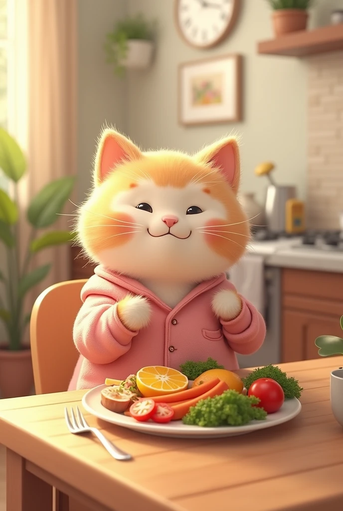 "AI cat wearing cute loungewear、Eating a well-balanced meal with relish。On the table、Mr.々There is a plate with colorful ingredients.。The cat looks happy、The overall atmosphere is soft and fluffy.。The background is a bright and warm dining room。"