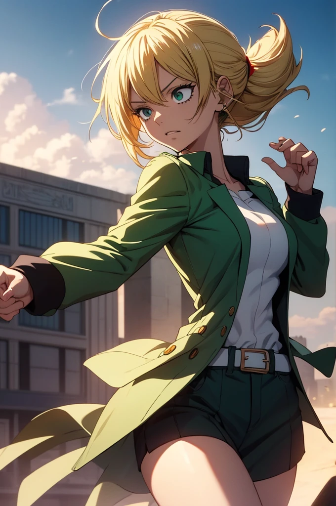 Create an image of a female version of Sanji cosplaying as Deku from *My Hero Academia*. She has perfect, expressive eyes with the most detailed eyes, full of determination and resolve. Her hair is a unique blend of Sanji's blonde and Deku's green, perfectly styled with every strand in perfect detail, capturing the essence of both characters. She is wearing Deku's hero costume, tailored to her figure, with all the intricate details, textures, and colors—green, black, and white with red accents. The pose is dynamic, showcasing her ready-for-action stance, with energy radiating from her, reflecting Deku’s heroic spirit and Sanji’s confidence. The background is a mix of a cityscape and action effects, emphasizing the heroic theme. The image is in 8k quality, with perfect details, the highest quality—best image ever, perfect image.