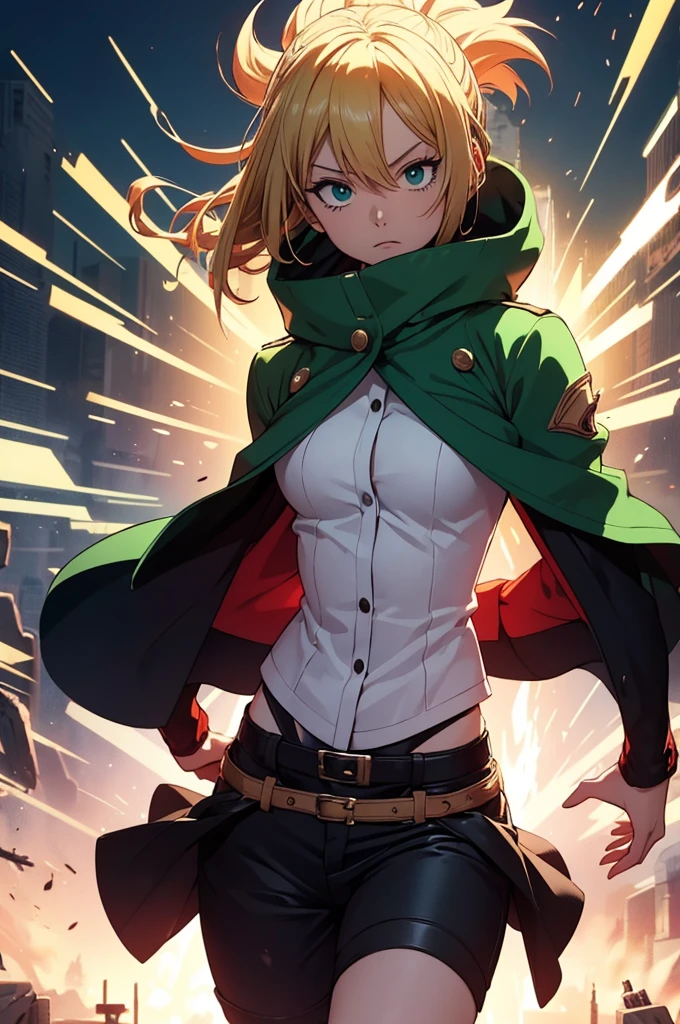 Create an image of a female version of Sanji cosplaying as Deku from *My Hero Academia*. She has perfect, expressive eyes with the most detailed eyes, full of determination and resolve. Her hair is a unique blend of Sanji's blonde and Deku's green, perfectly styled with every strand in perfect detail, capturing the essence of both characters. She is wearing Deku's hero costume, tailored to her figure, with all the intricate details, textures, and colors—green, black, and white with red accents. The pose is dynamic, showcasing her ready-for-action stance, with energy radiating from her, reflecting Deku’s heroic spirit and Sanji’s confidence. The background is a mix of a cityscape and action effects, emphasizing the heroic theme. The image is in 8k quality, with perfect details, the highest quality—best image ever, perfect image.