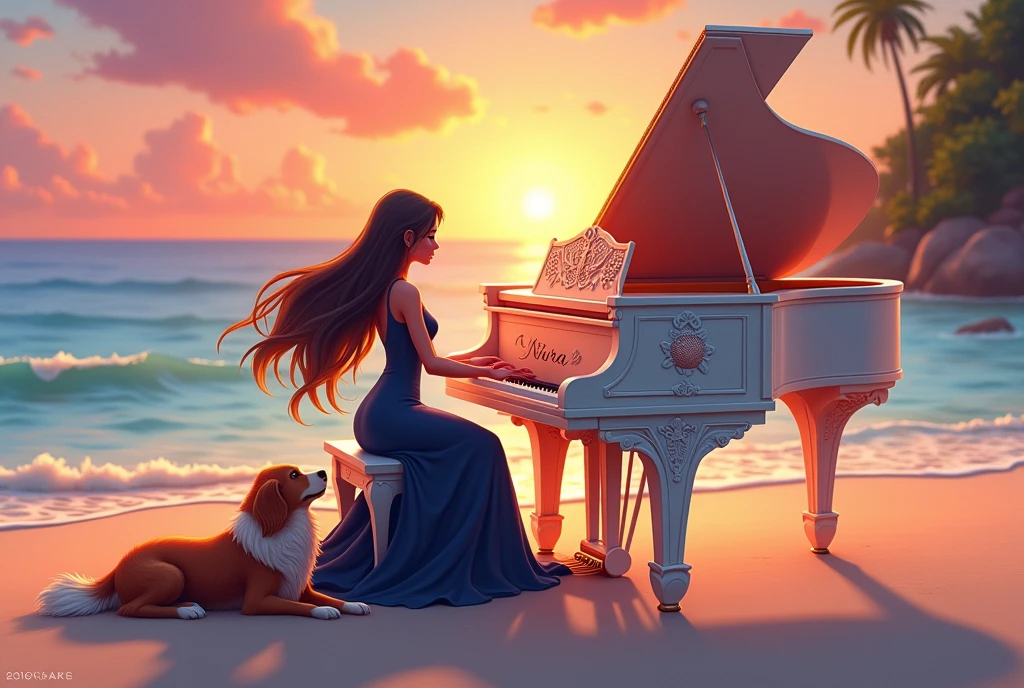 "A warm, fantasy cartoon-style scene featuring a graceful woman playing the piano on a tranquil beach at sunset. The woman, with long, flowing hair moving gently in the ocean breeze, wears an elegant, navy blue dress that drapes beautifully. The piano she plays is a beautifully crafted, ornate instrument with intricate designs inspired by seashells and starfish. The name 'Nura' is elegantly engraved on the front of the piano in a flowing, stylish script. Beside her, a loyal and fluffy dog rests peacefully, gazing at her with affection. The sky, awash with hues of pink, orange, and purple as the sun sets, casts a warm, golden light over the scene, creating an atmosphere of calm and enchantment."