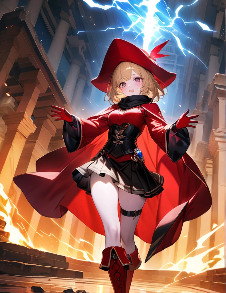 (One Woman),(Best image quality, 32K, masterpiece:1.3),((Blonde medium hair:1.1)),(Swept-apart bangs,), (Cute eyes, Dark Eyes), (Detailed eyes),(Mole under right eye), (Standard weight), (Glowing Skin:1.1),(Pale skin:1.2),(A fantastic atmosphere),(look up),Ultra-high resolution, Textured skin, Sparkle Effect, whole body,absolute thigh area,Red Mage,Thunder Effect,Magic circle on the ground,
Red Musketeer Outfit,Red Musketeer Feathered Hat,Have a rapier,Produces magical lightning from hands,Red Cape,Black scarf,Red, luxurious long boots,Black Mini Skirt,Red luxurious long gloves,Leg belt,Leg Ring,Lightning aura,
Slanted Eyes,
Ancient temple,
