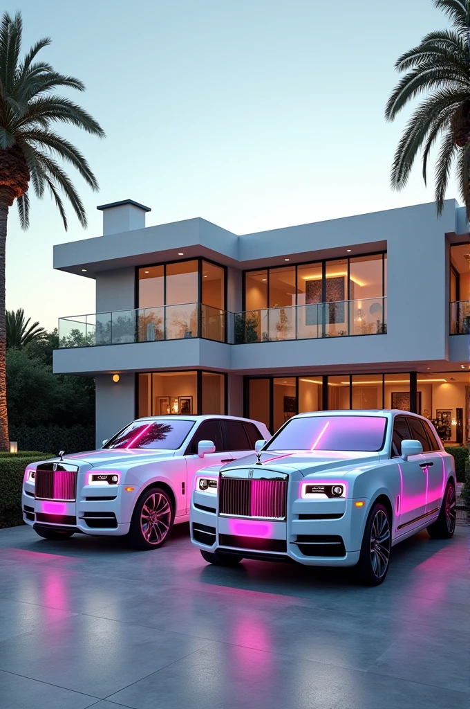 A house in los Angeles with 2 white rolls Royce Cullinane cars with pink lightning 